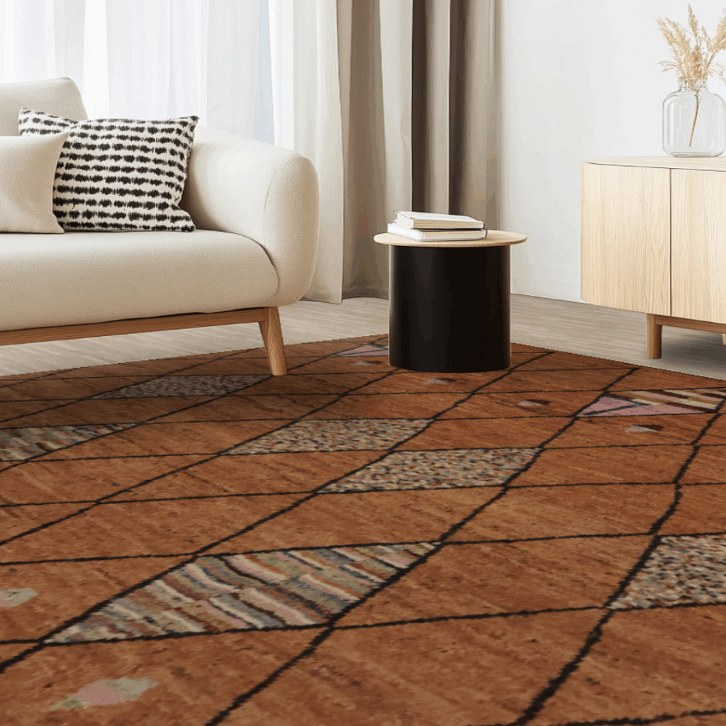 10_22 The same brown rug with black crisscross lines and colorful patterned diamonds, displayed in a minimalist living room with light wood flooring.