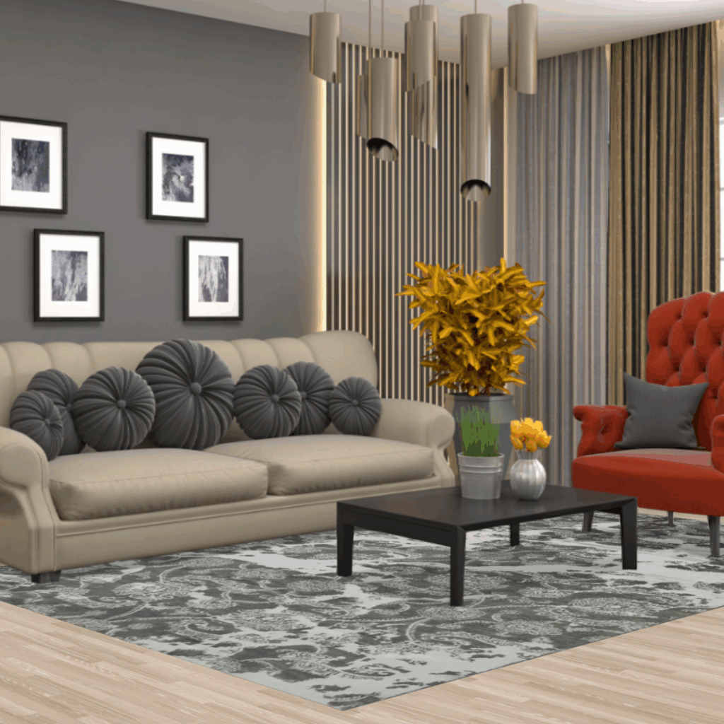 10_24 The same modern living space with beige sofa and orange armchair, this time emphasizing the gray and black patterned rug beneath the coffee table.