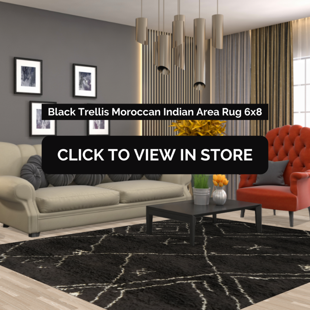 A sophisticated living room featuring a 6x8 Black Trellis Moroccan Indian Area Rug. The rug's intricate white trellis pattern contrasts beautifully against the deep black background