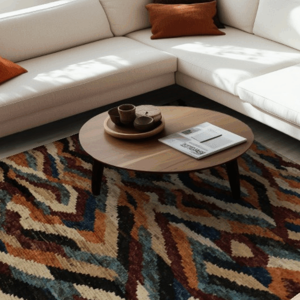 A bright living room corner with a white sectional sofa and rust-colored cushions. A round wooden coffee table with minimalist décor rests atop a vibrant patterned rug in deep blue, gold, and rust tones. Natural light filters across the space, creating a warm, inviting atmosphere.