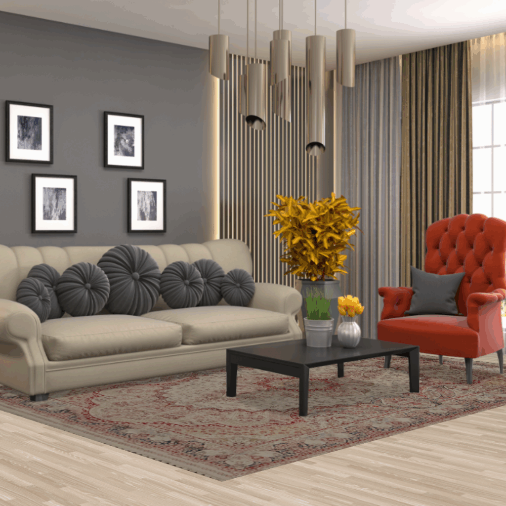 A contemporary living space with a beige sofa, red accent chair, and a traditional red-and-cream patterned rug under a black coffee table.